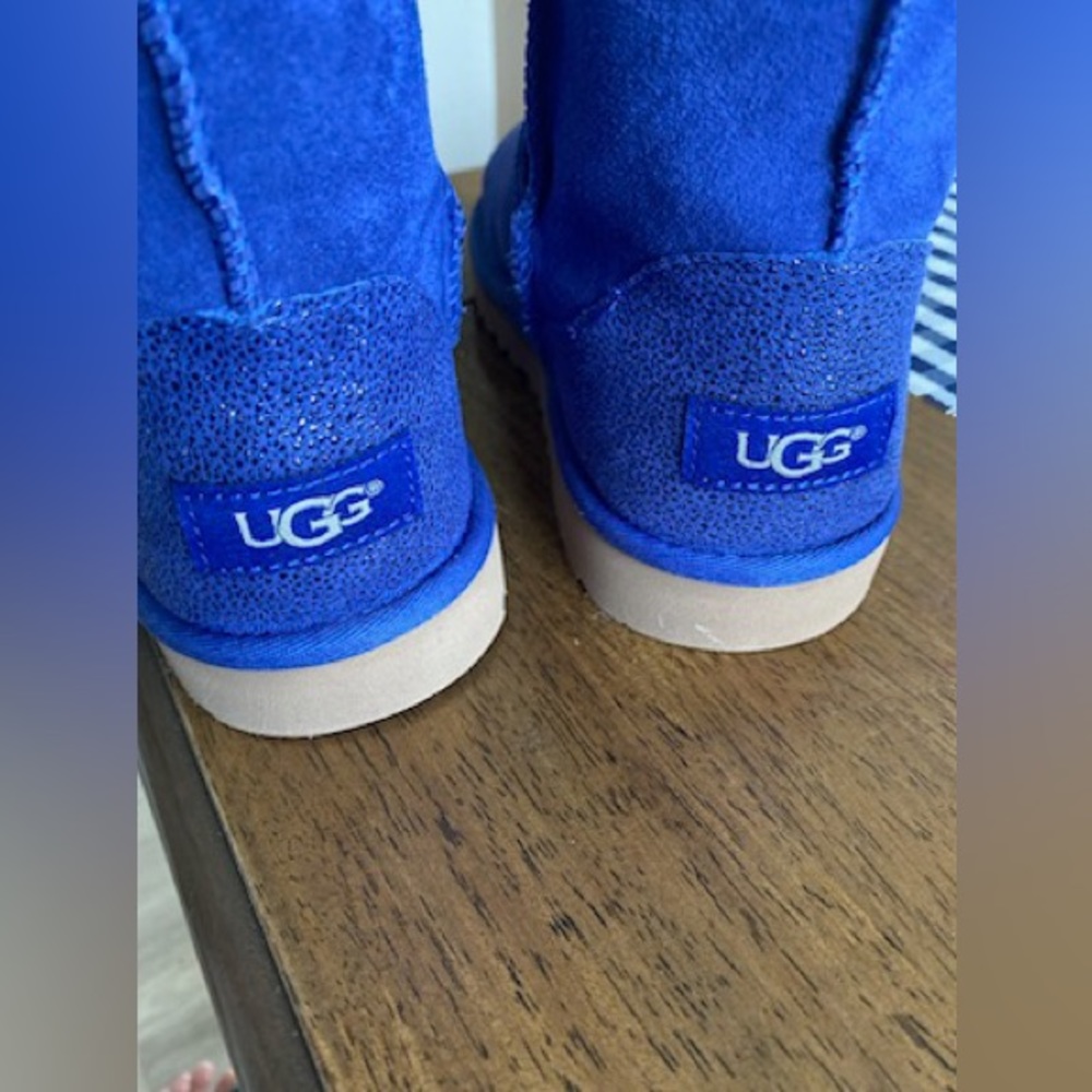 Uggs Milky Way Dark Denim Blue Sparkle Suede Fur Boots. Women's size 5.